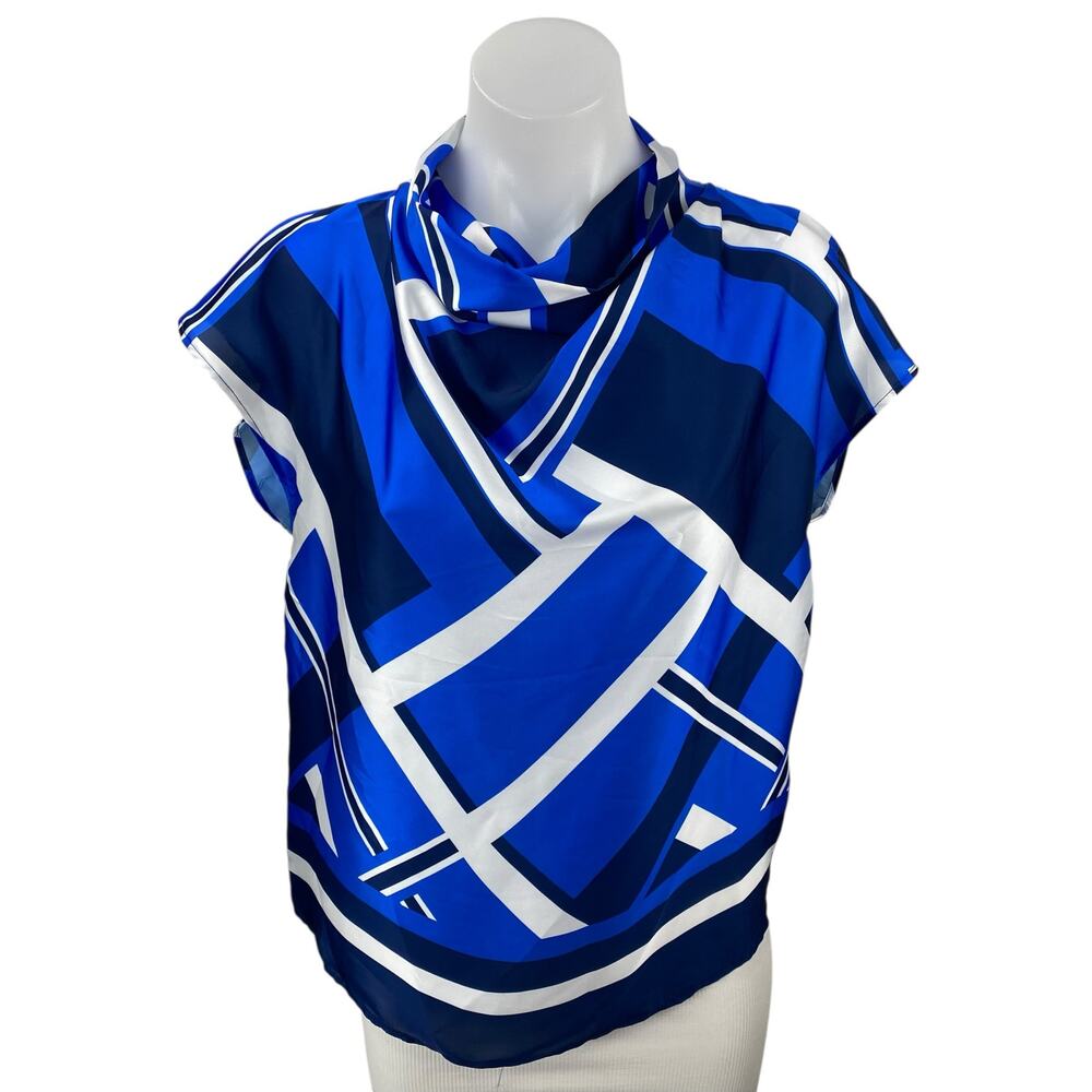 Zara Women's Blue Abstract Geometric Short Sleeve Cowl Neck Blouse Top Size S